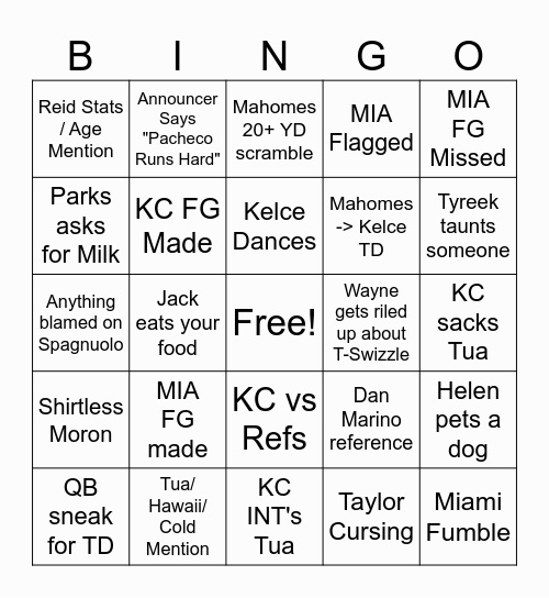 Chiefs Wild Card Bingo Card