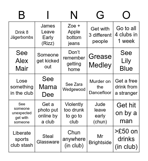 Club Bingo Card