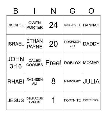 NOAHS BINGO Card