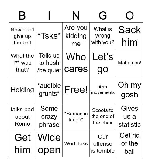 Pop’s Phrases for Football Bingo Card