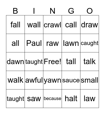 "au, aw, al" Wordo Bingo Card