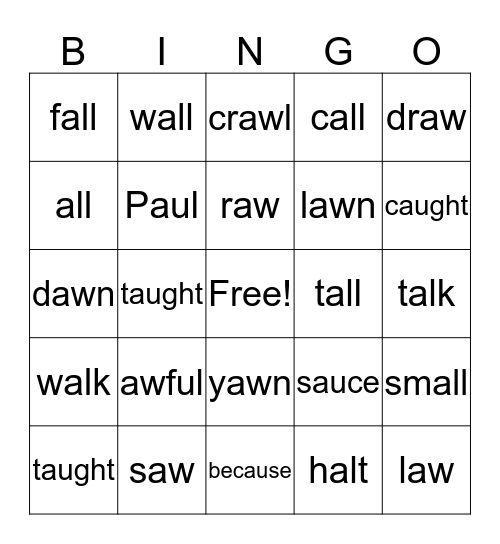 "au, aw, al" Wordo Bingo Card