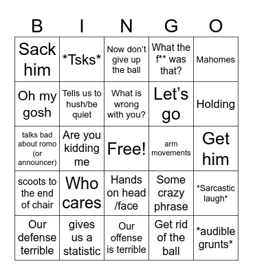 Spencer’s Phrases for Football Bingo Card
