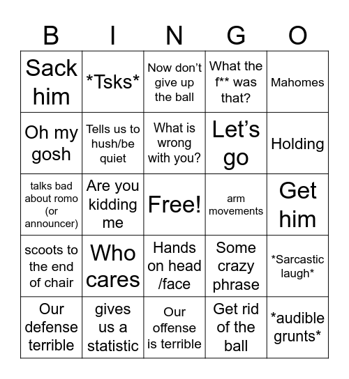 Spencer’s Phrases for Football Bingo Card