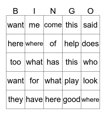 Sight Words 21-40 Bingo Card