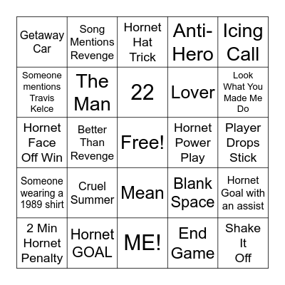 Hornet Hockey's Taylor Swift Night BINGO Card