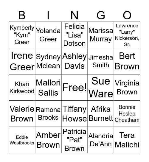 Brown-Johnson Family Bingo Card