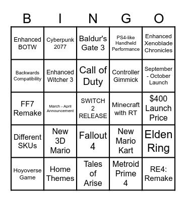 2024 Switch 2 Bingo Card Bingo Card