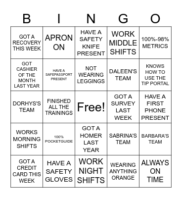 FRONT END BINGO Card