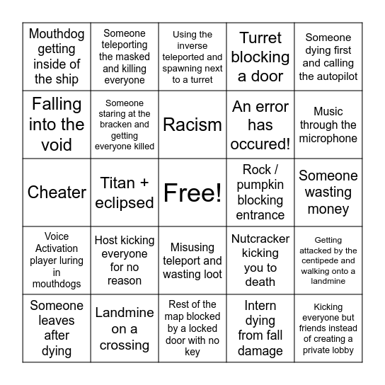 Lethal Company Bingo Card