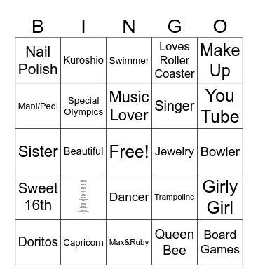 Zuri's Sweet 16th Birthday Bingo Card