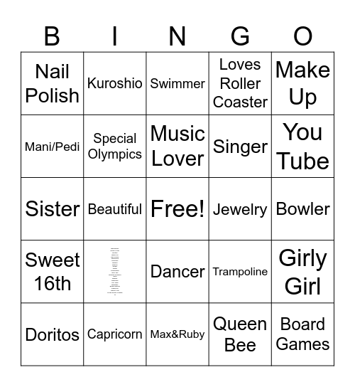 Zuri's Sweet 16th Birthday Bingo Card