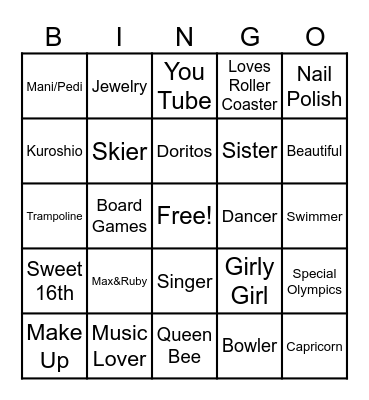 Zuri's Sweet 16th Birthday Bingo Card