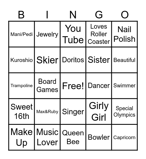 Zuri's Sweet 16th Birthday Bingo Card