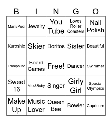 Zuri's Sweet 16th Birthday Bingo Card