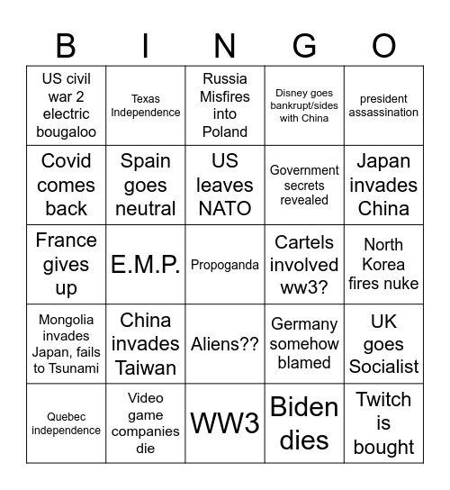 World Power Bingo Card