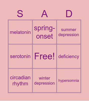 Seasonal Affective Disorder Bingo Card