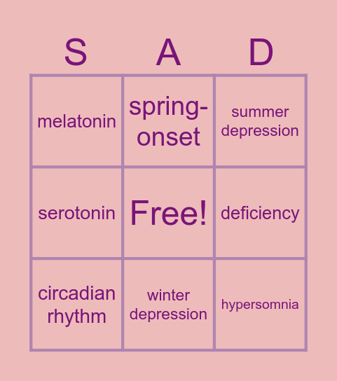 Seasonal Affective Disorder Bingo Card