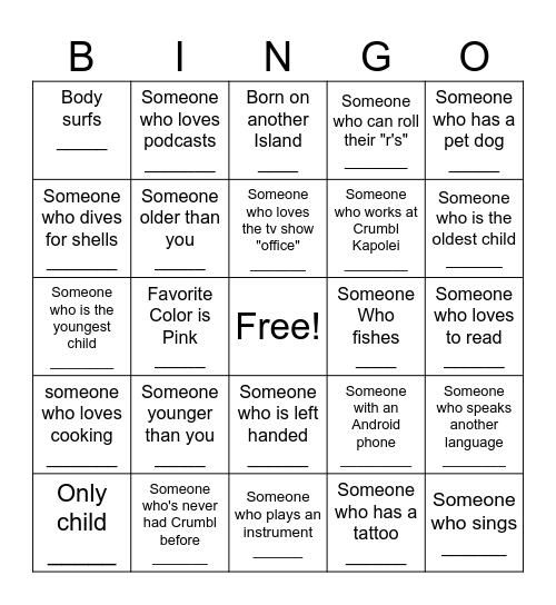 Crumbl Aina Haina BINGO Card
