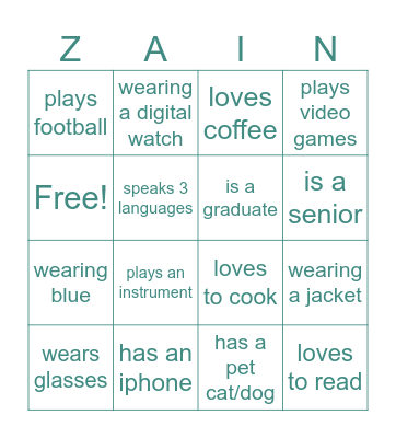 Zain Youth Bingo Card