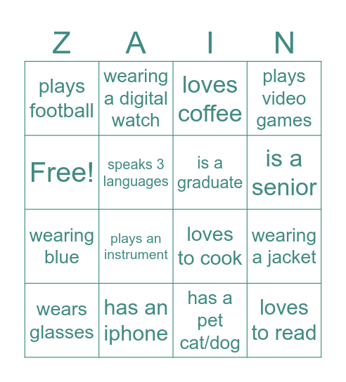 Zain Youth Bingo Card
