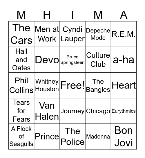 MHIMA 80's Band Bingo Card