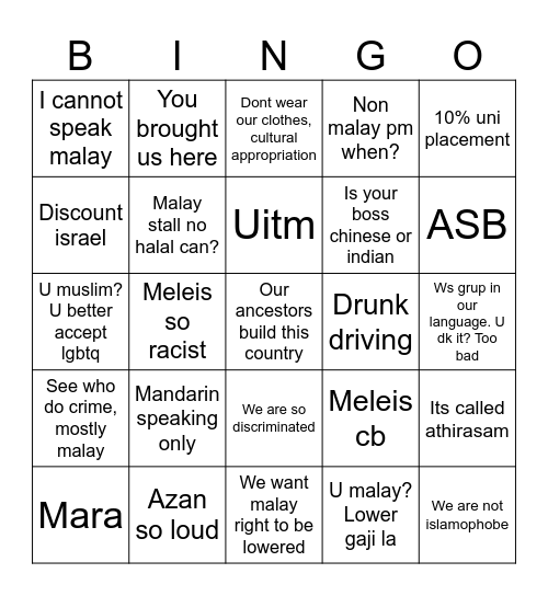 Non meleis Bingo Card