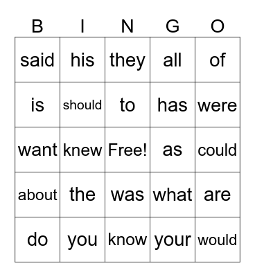 Heart Word Bingo Card