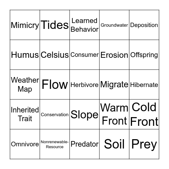 Earth and Organisms Bingo Card