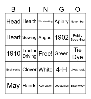 4-H Bingo Card