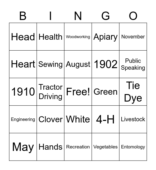 4-H Bingo Card