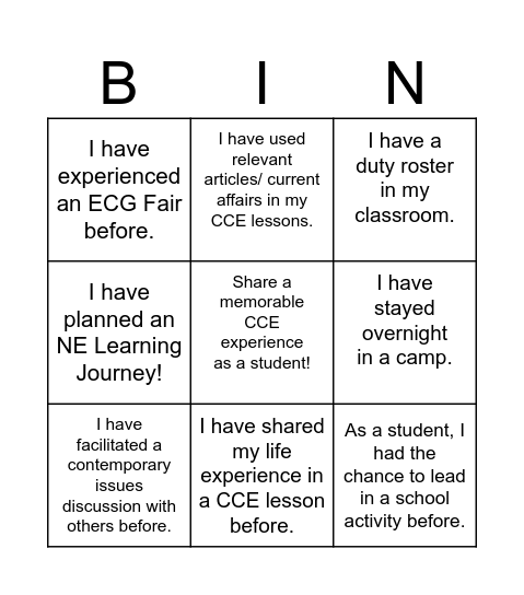 CCE Induction Programme Bingo Card