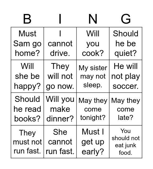 Be동사 Helping Verbs - 의문&부정문 Bingo Card
