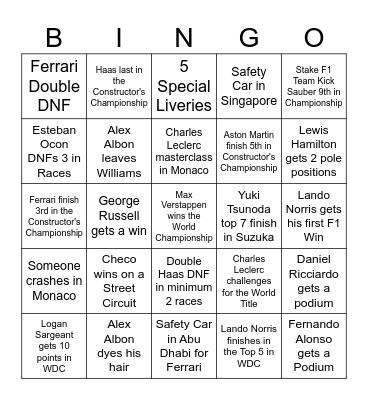 F1 2024 Season Bingo Card