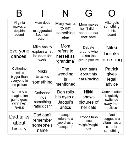 Scarlett Family Bingo Card