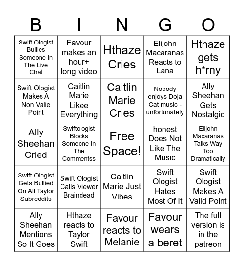 Pop Music Reaction Bingo Card