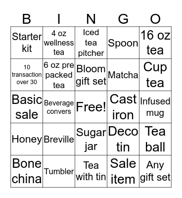 Teavana Bingo Card