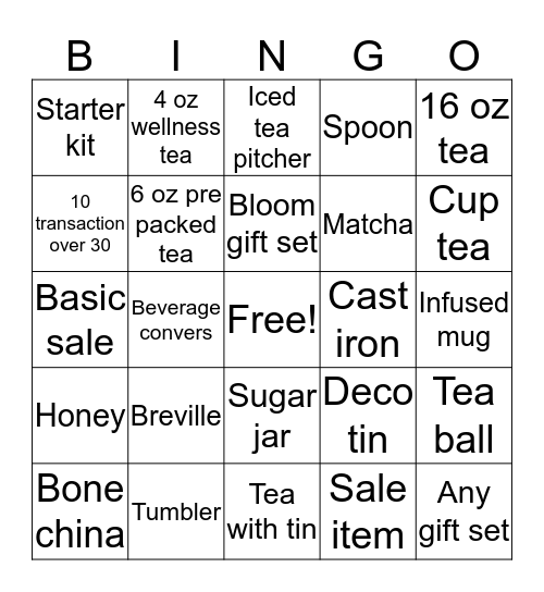 Teavana Bingo Card