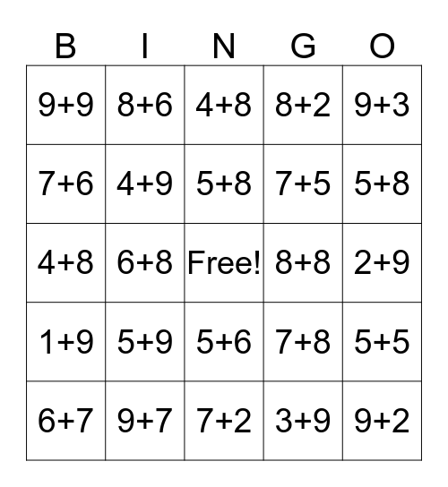 Math Facts Bingo Card