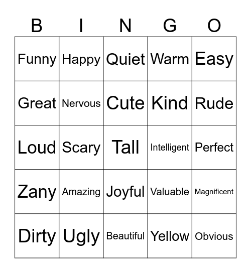 Adjective Alpahabet Bingo Card