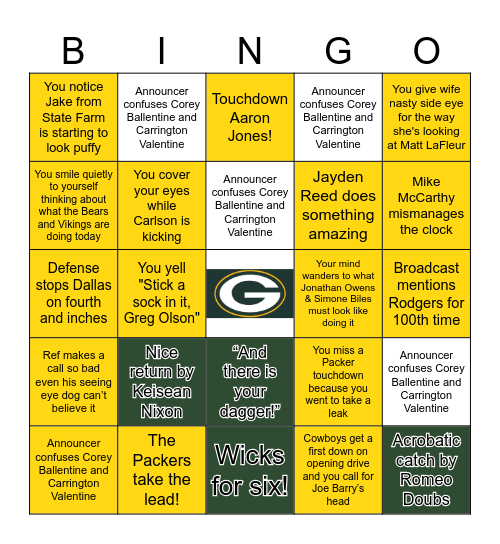 Packers - Cowboys BINGO Card