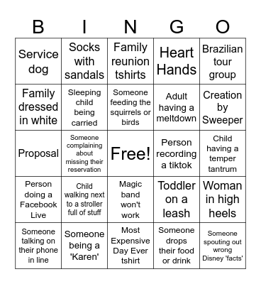 Cousin's Disney Trip Bingo Card