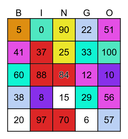 L12 #s 0-100 Bingo Card