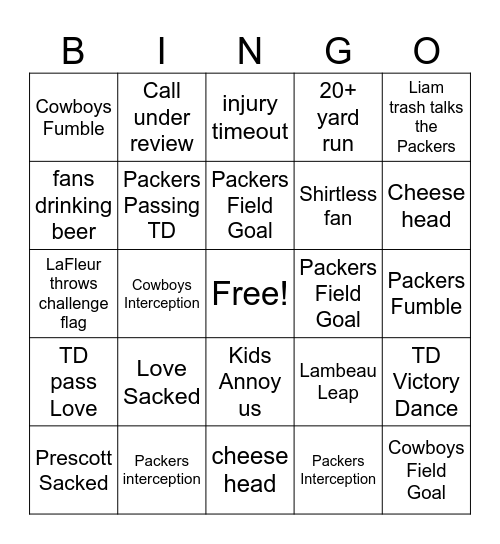 Packer Playoff Bingo Card