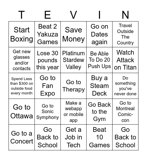 Tevin's 2024 Bingo Card