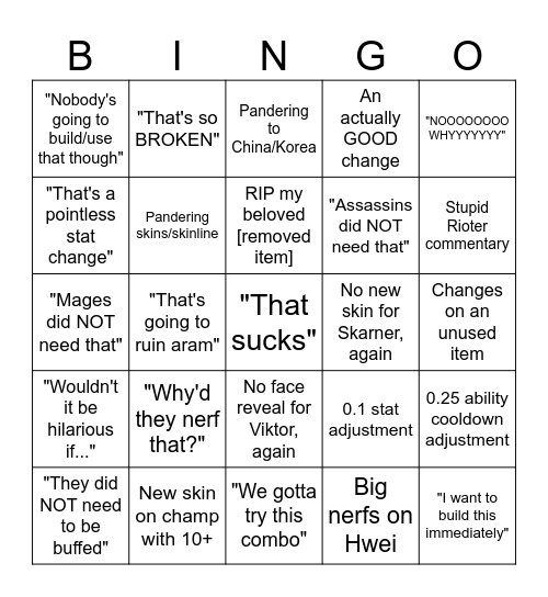 Patch Notes Bingo Card