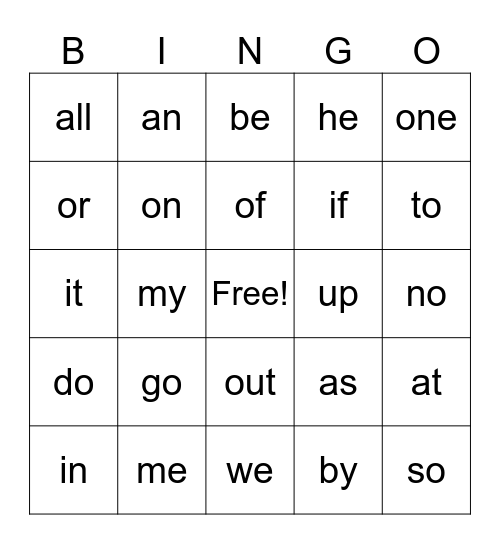 Sight words Bingo Card