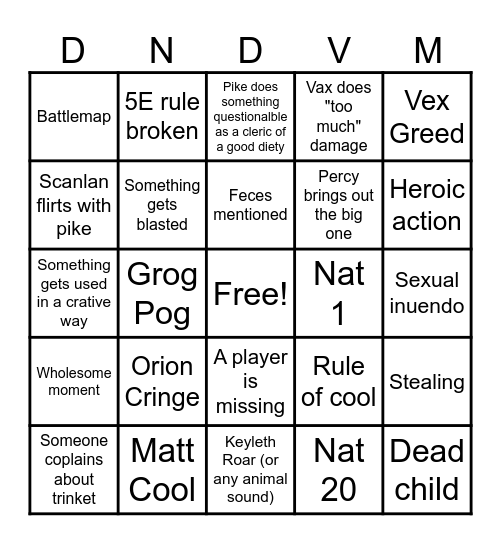 Vox Machina Bingo V1 Bingo Card