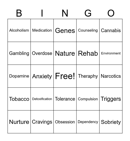 Addiction Bingo Card