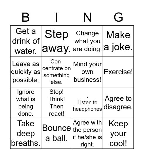 Anger Bingo Card